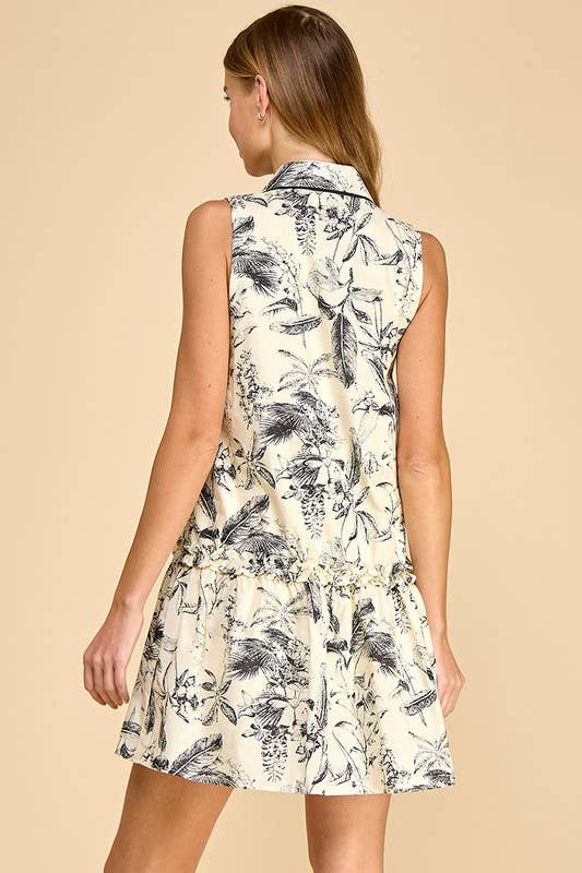 CD04712-Leaf Print Piping Detail Sleeveless Shirt Dress