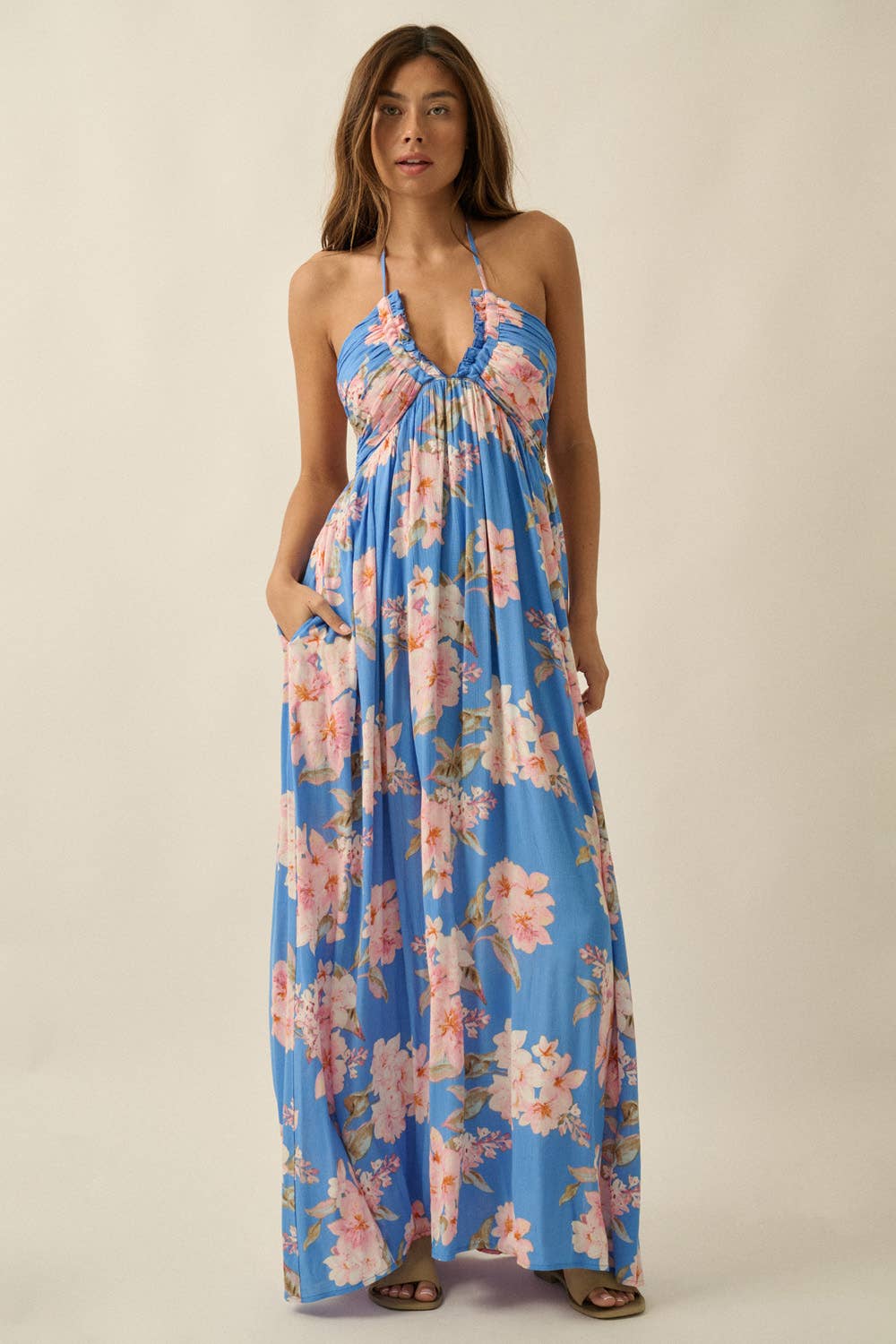 Floral-Print Crepe Halter Tie-Back High-Waist Maxi Dress