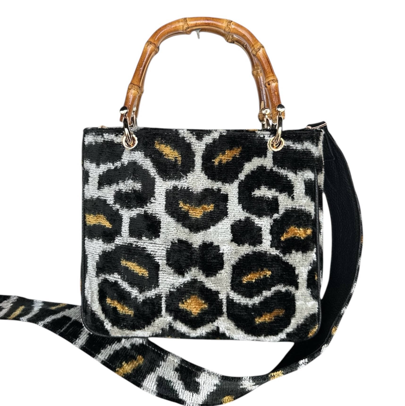 Silk Velvet Ikat Small Kuti Bag with Bamboo Handle