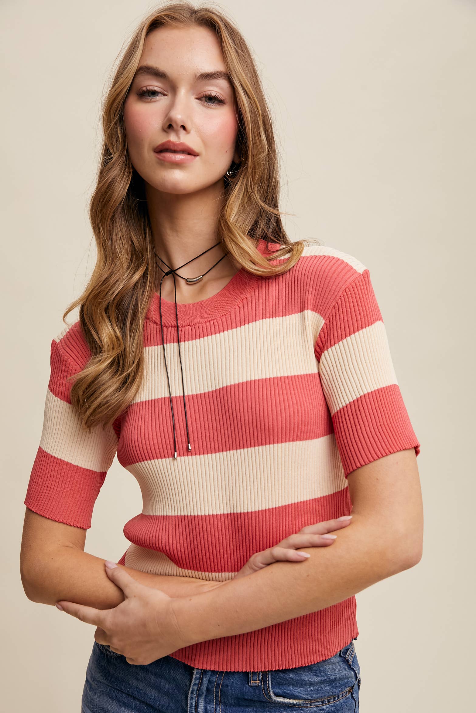 Striped Ribbed Light Weight Knit Sweater Top