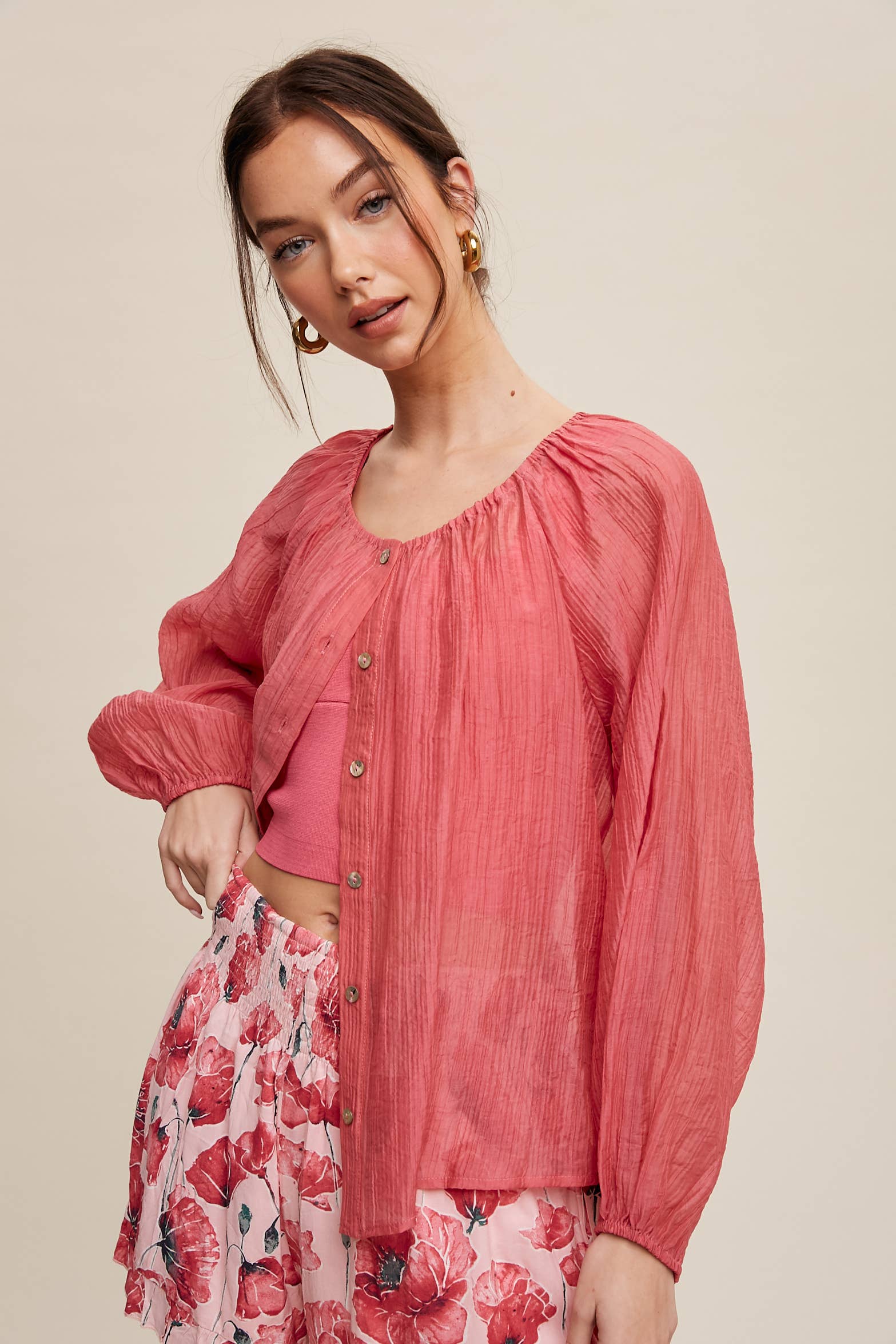 Lightweight Sheer Button-Down Blouse