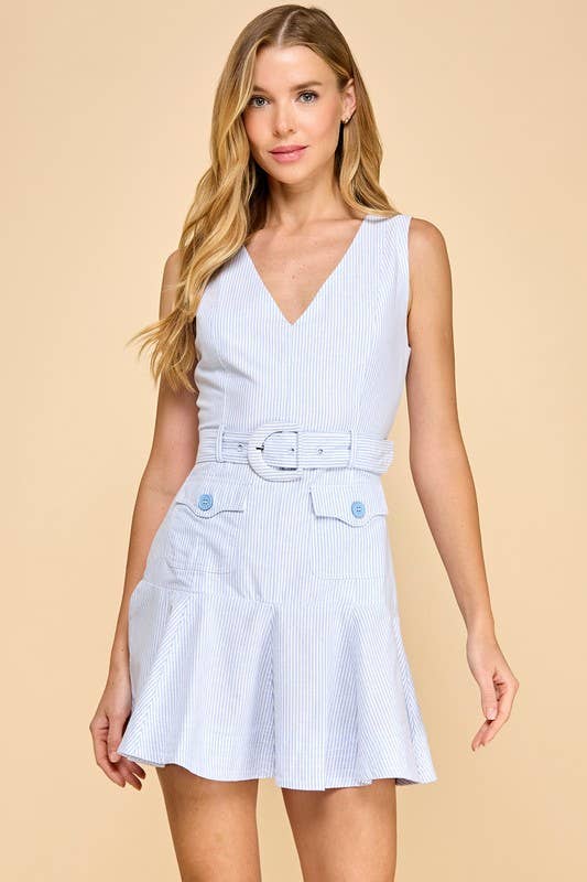 CD05477-Pinstripe Sleeveless Ruffle Hem Belted Dress