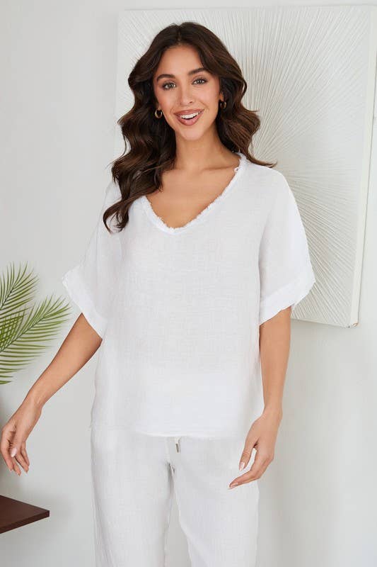 V- NECK SHORT SLEEVE LINEN TOP WITH RAW EDGE HEM (29951)