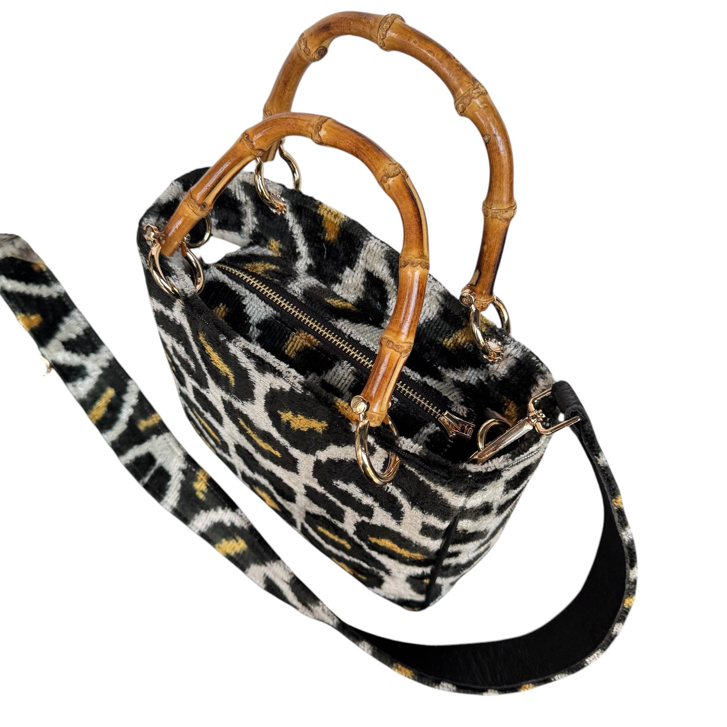 Silk Velvet Ikat Small Kuti Bag with Bamboo Handle