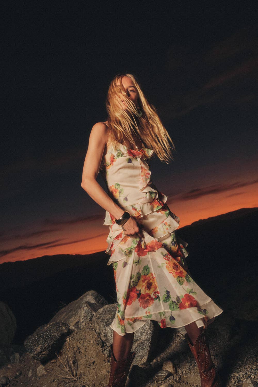 Floral-Print Chiffon Asymmetrical Ruffle Maxi Dress