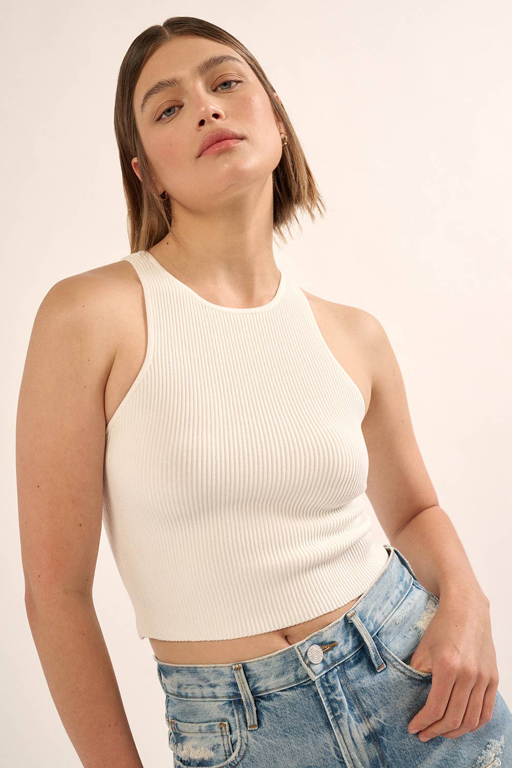 Shaper Fit Crewneck Rib Knit Crop Tank Top - Off white
