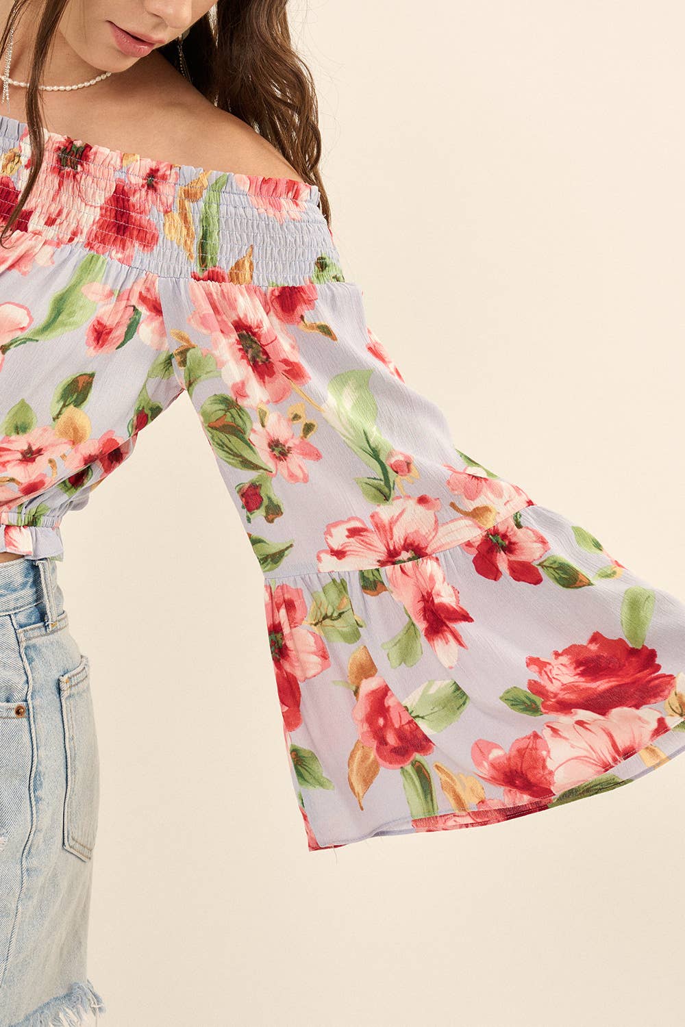 Floral Off-Shoulder Neck Long Sleeve Blouse