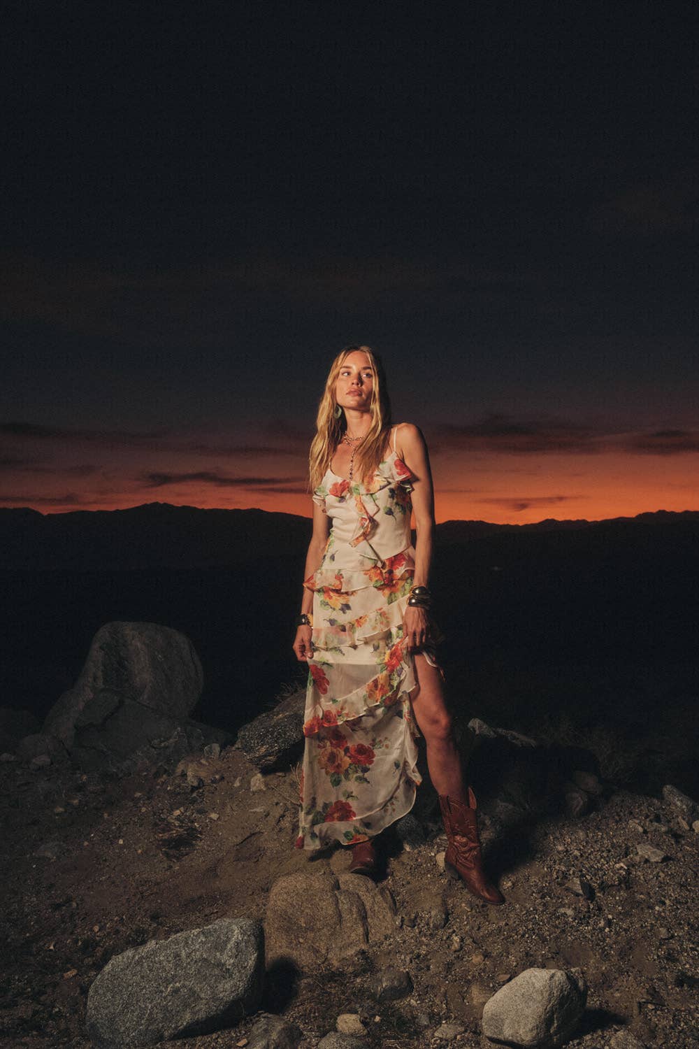 Floral-Print Chiffon Asymmetrical Ruffle Maxi Dress