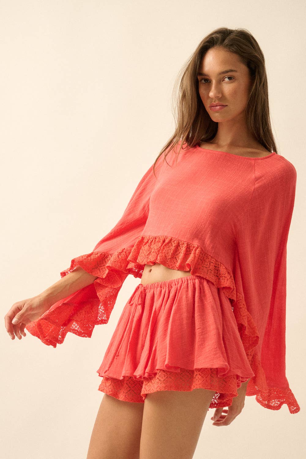 Cotton Gauze and Crochet Lace Ruffle Bell-Sleeve Cropped Set