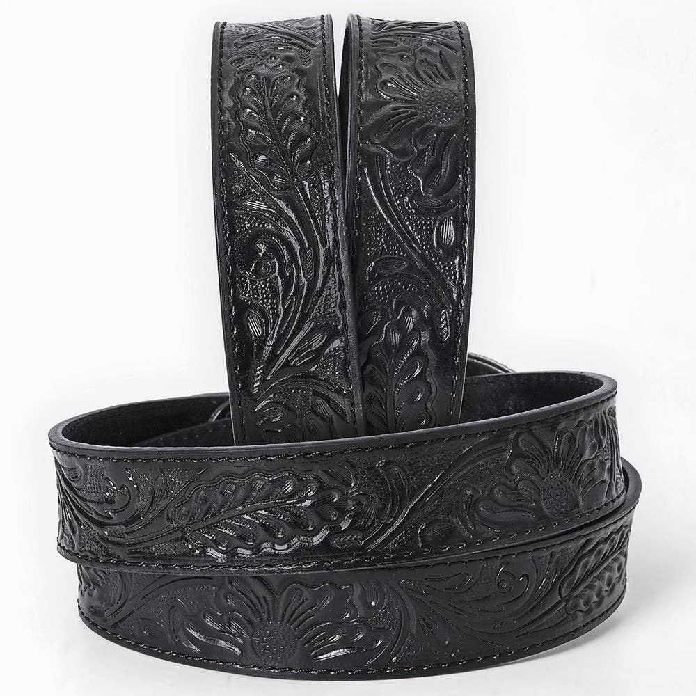 ADBL171 Hand-Tooled Black Floral Western Leather Belt with Oval Buckle