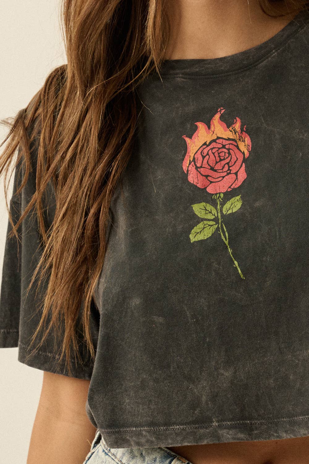 Flaming Rose Mineral-Washed Cropped Graphic Tee
