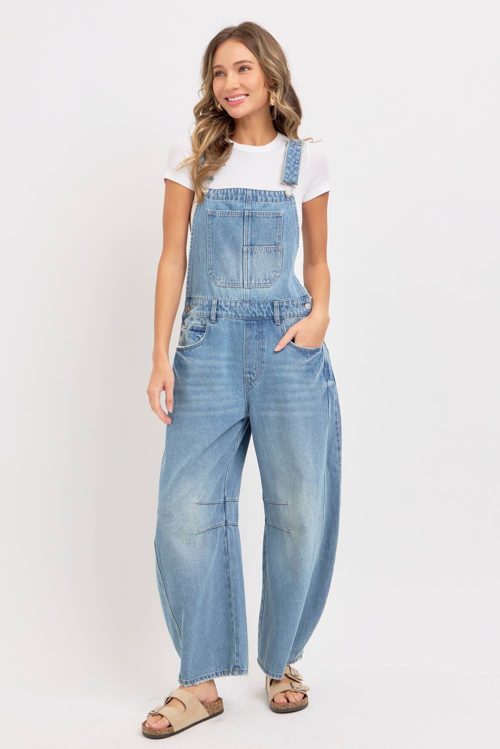 DENIM  OVERALL BARREL-LEG JUMPSUIT
