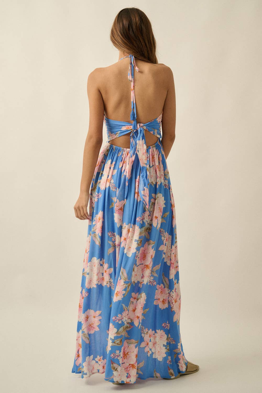 Floral-Print Crepe Halter Tie-Back High-Waist Maxi Dress