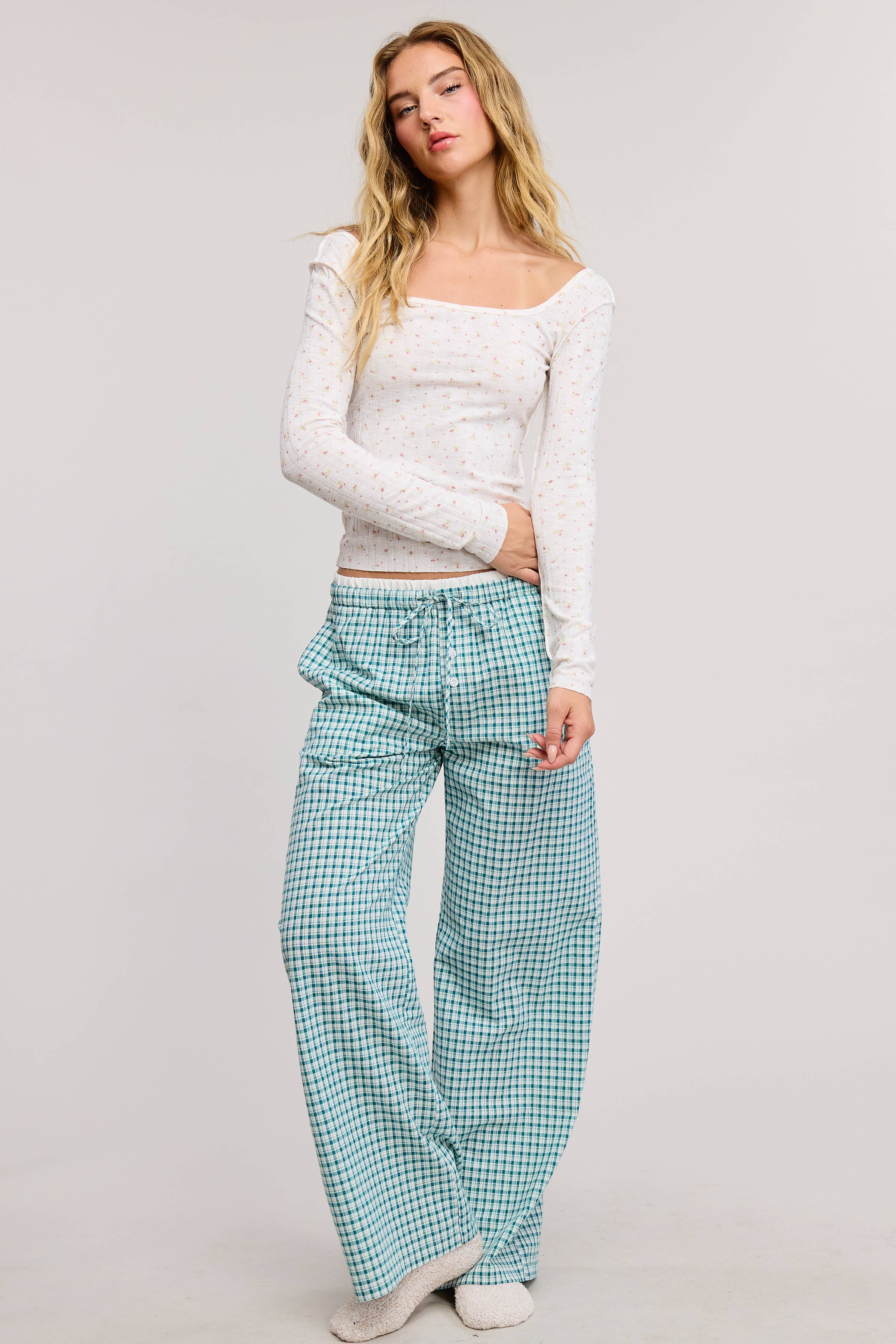 Gingham Boxer Lounge Pants with Contrast Waistband