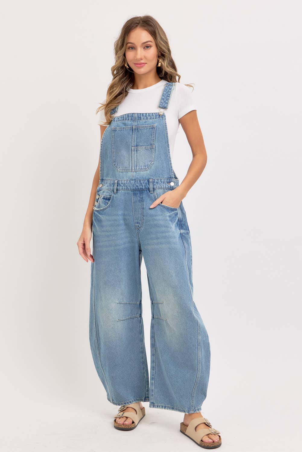 DENIM  OVERALL BARREL-LEG JUMPSUIT