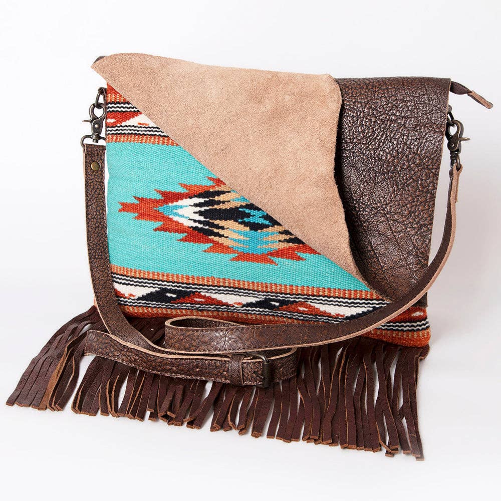 ADBG1036 American Darling Western Leather Crossbody Bag Fringe Saddle Blanket Design