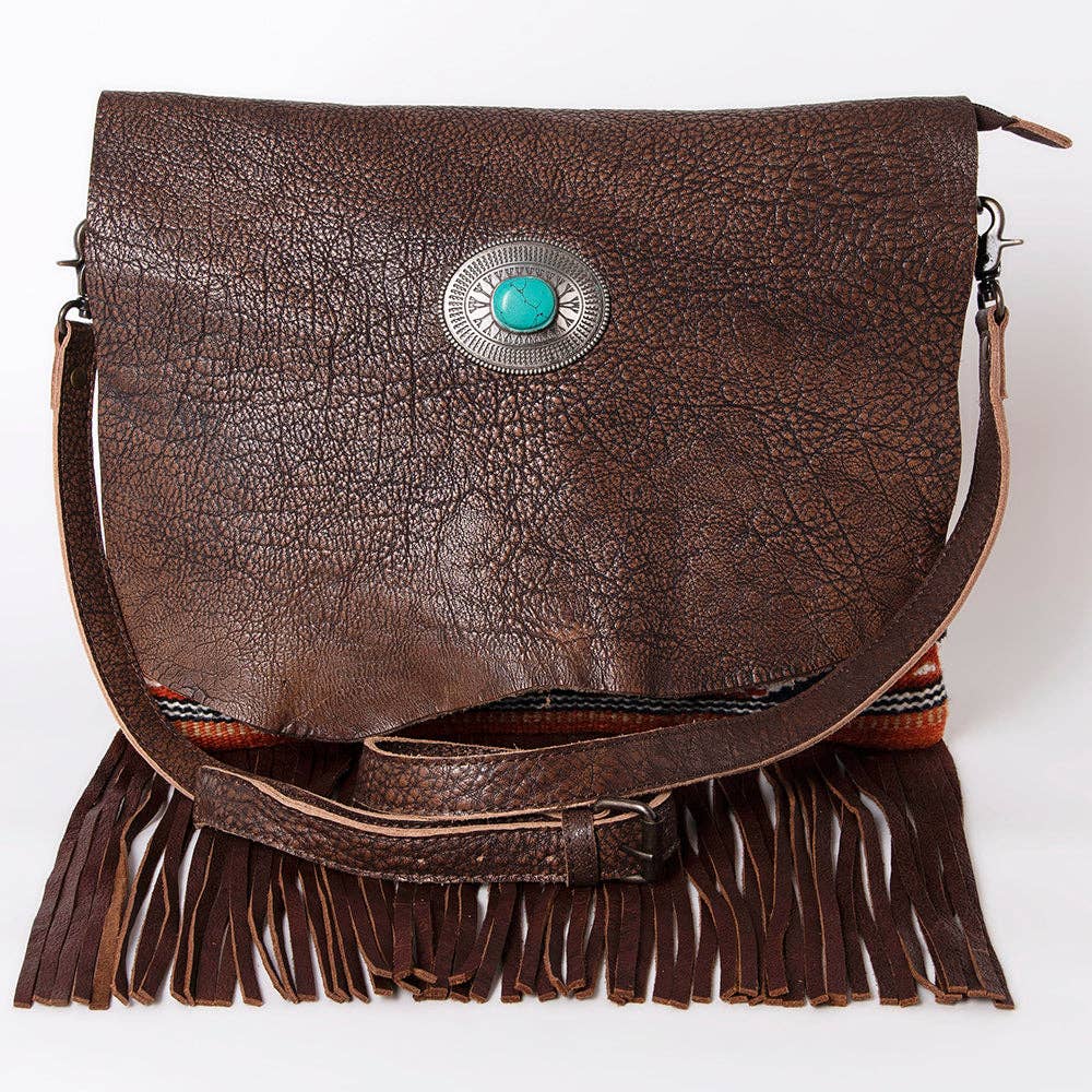 ADBG1036 American Darling Western Leather Crossbody Bag Fringe Saddle Blanket Design