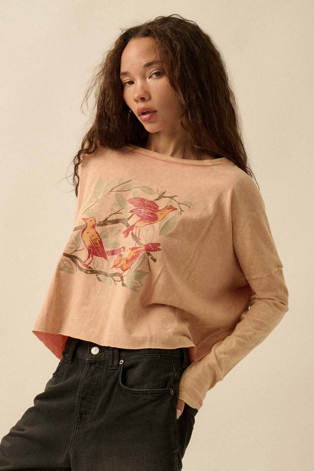 Birds Perched Cropped Vintage-Wash Graphic Tee