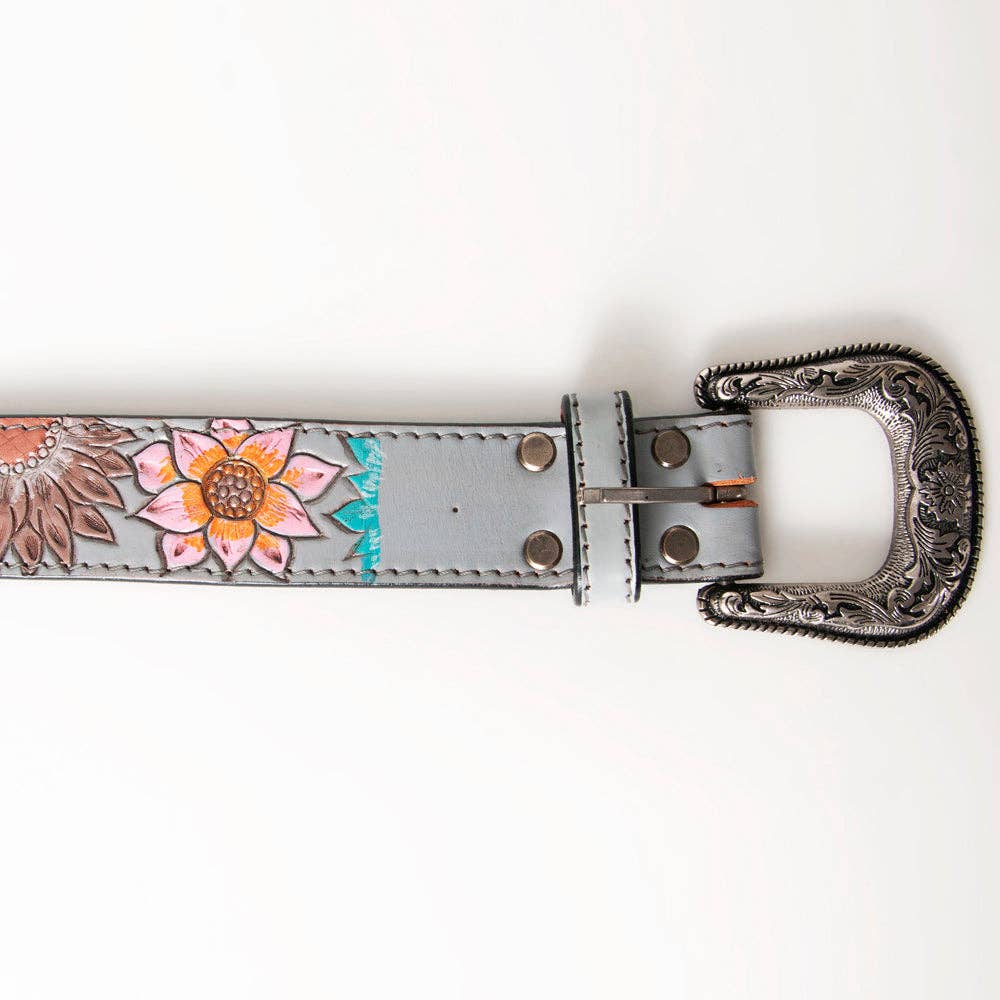 LC-ADBLF142 Hand Tooled Leather Belt - Multicolor Sunflowers & Red Heart on Gray Base
