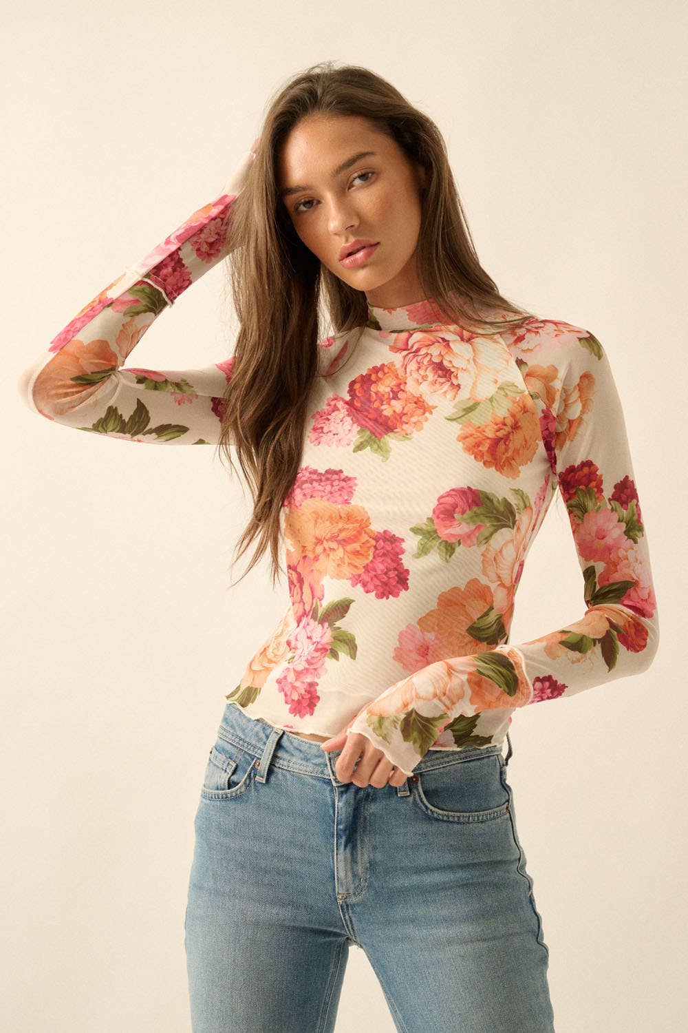 Floral-Print Mesh Mock-Neck Raglan-Sleeve Thumbhole Top