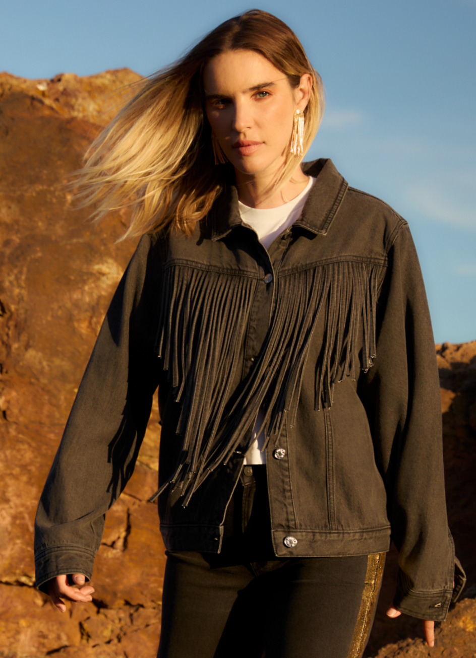 BLACK DENIM FRINGE JACKET