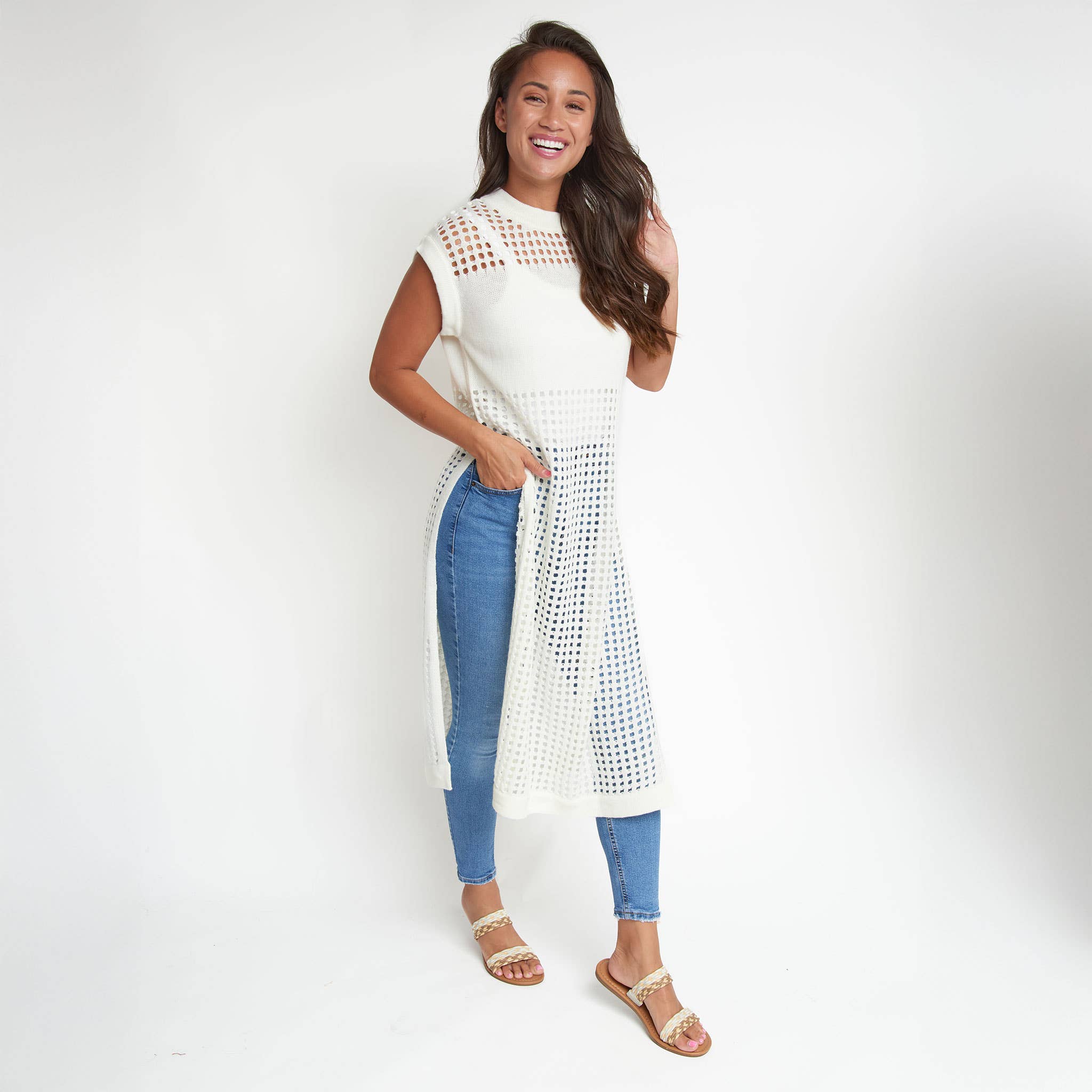 Azalea Sleeveless Longline Crochet Sweater - Snow