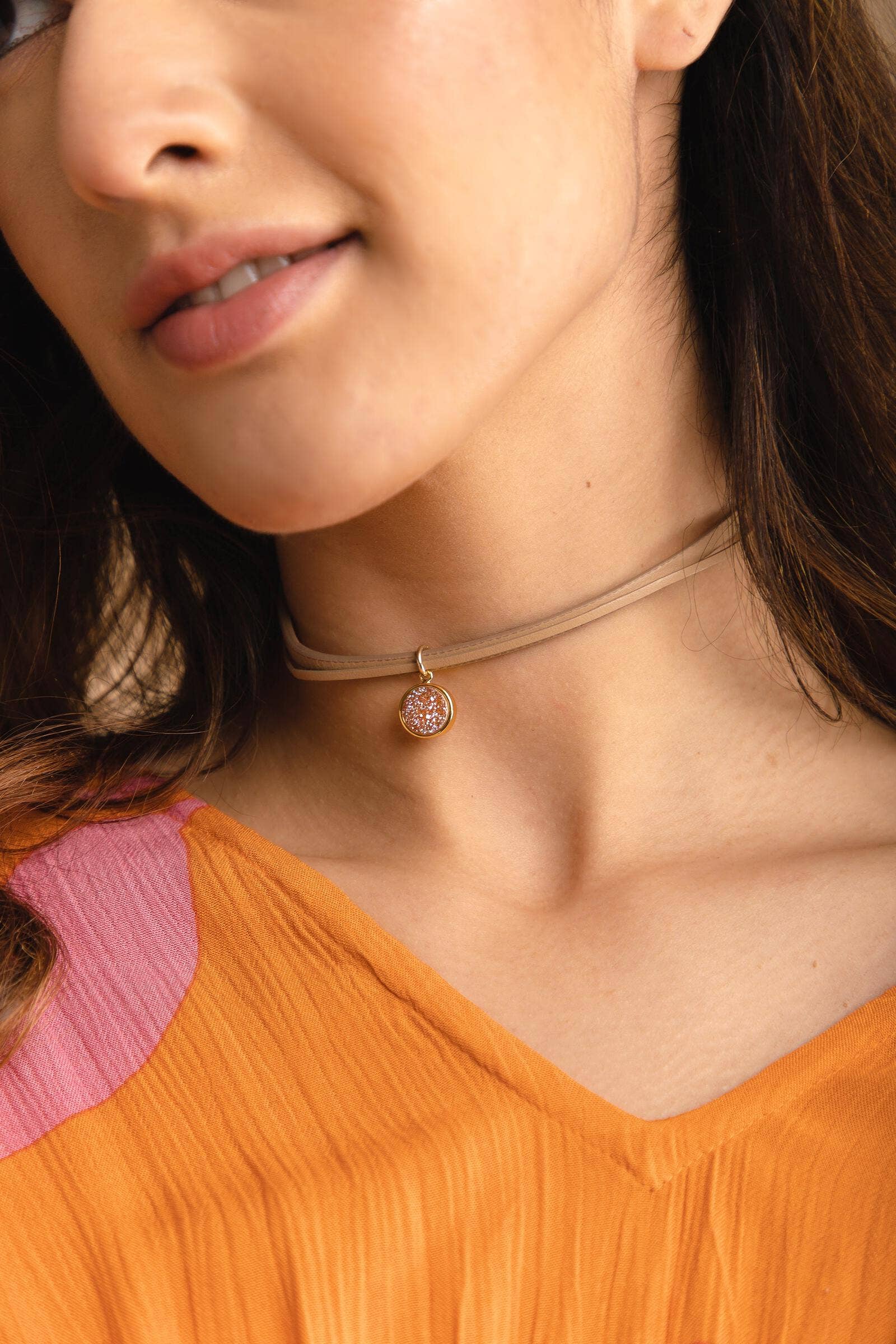 Druzy Charm Leather Choker Necklace