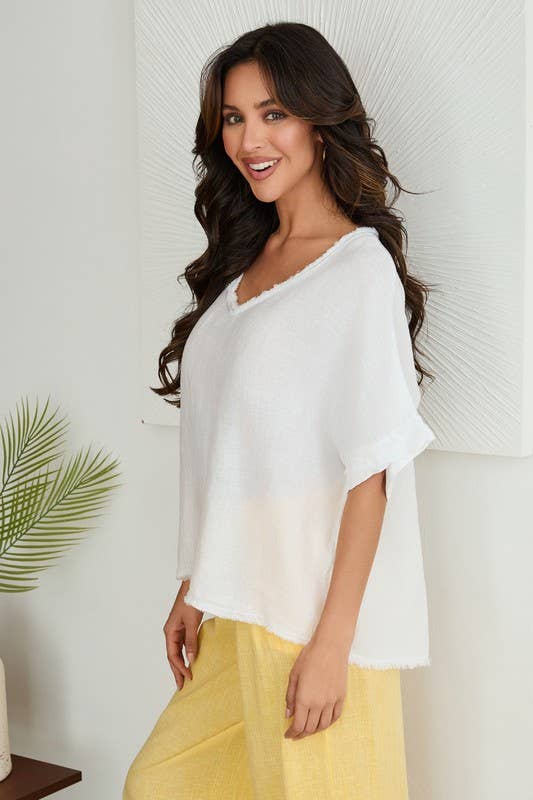 V- NECK SHORT SLEEVE LINEN TOP WITH RAW EDGE HEM (29951)