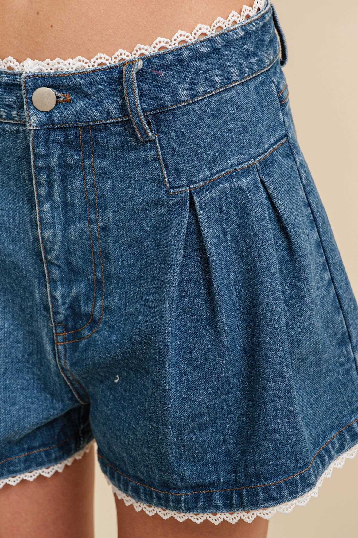 CP13470A - LACE TRIM PLEATED DENIM SHORTS