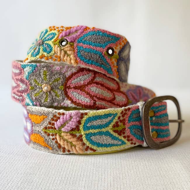 Folklorica Floral Embroidered Wool Belt, Cream