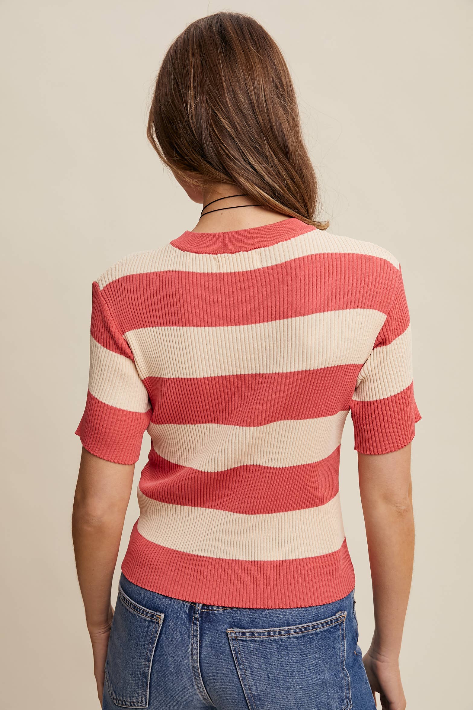 Striped Ribbed Light Weight Knit Sweater Top
