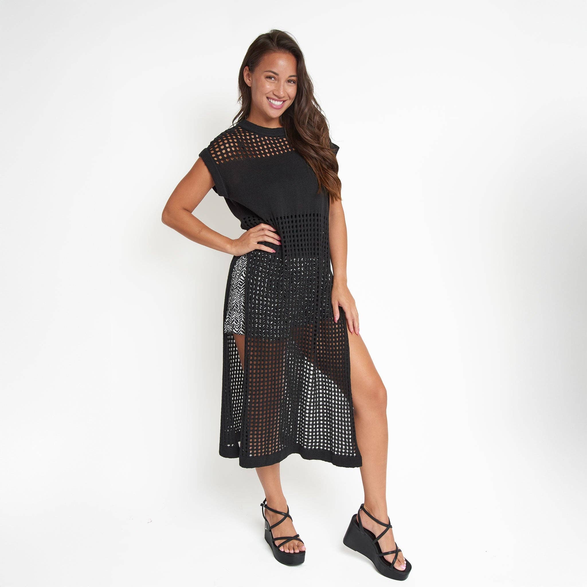 Azalea Sleeveless Longline Crochet Sweater - Jet