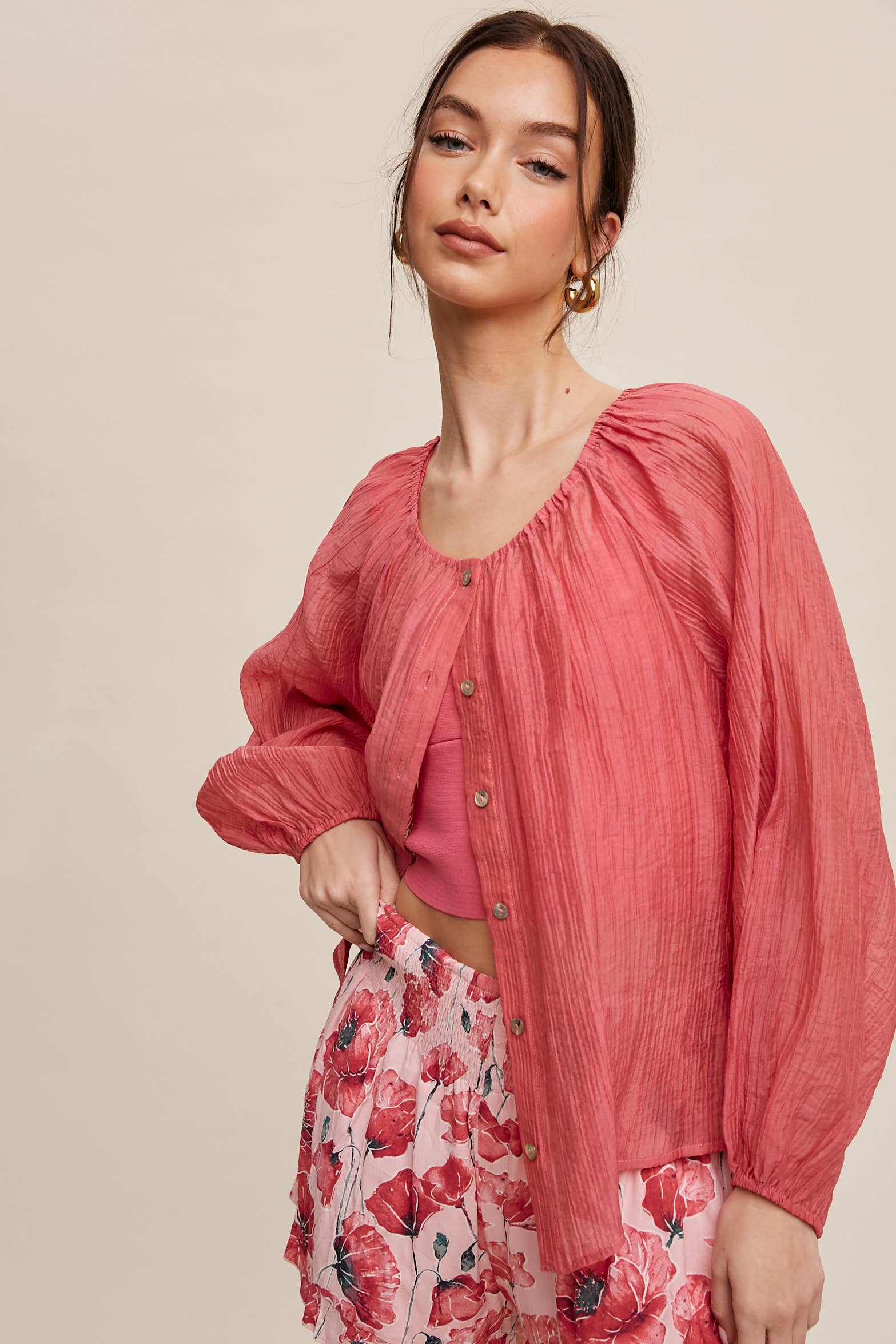 Lightweight Sheer Button-Down Blouse