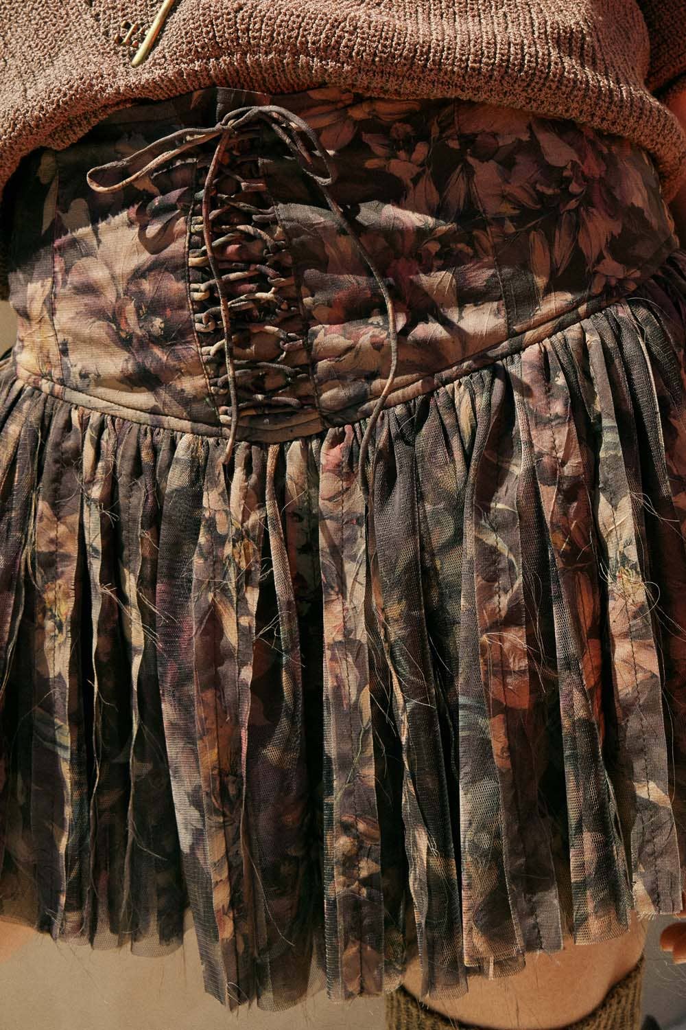 Floral-Print Drop-Waist Lace-Up Pleated Mini Skort