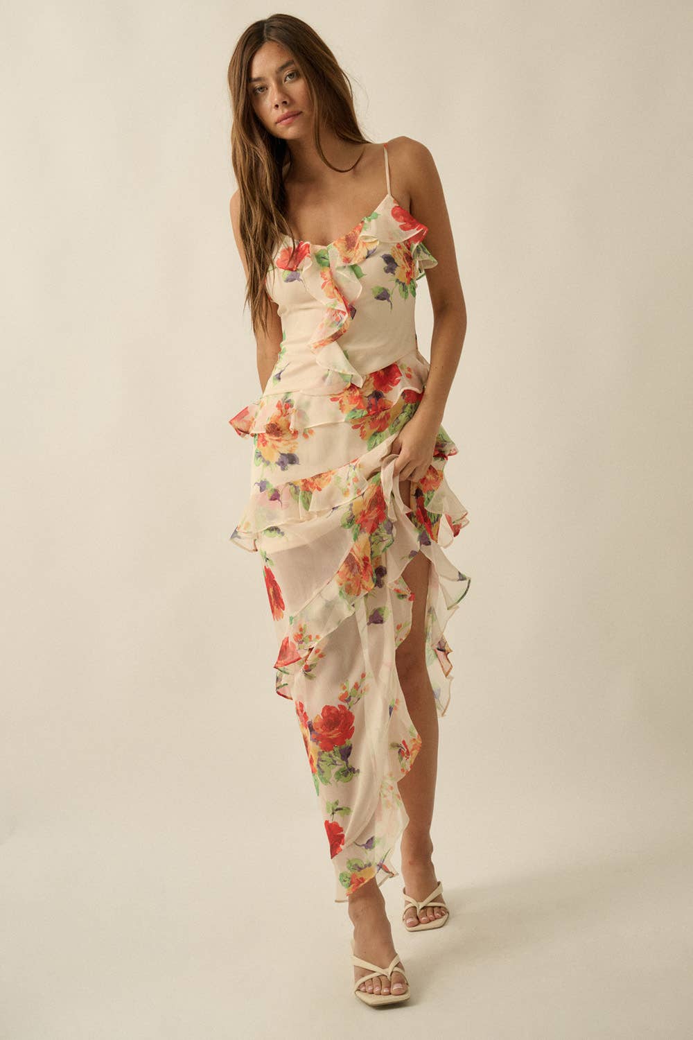 Floral-Print Chiffon Asymmetrical Ruffle Maxi Dress