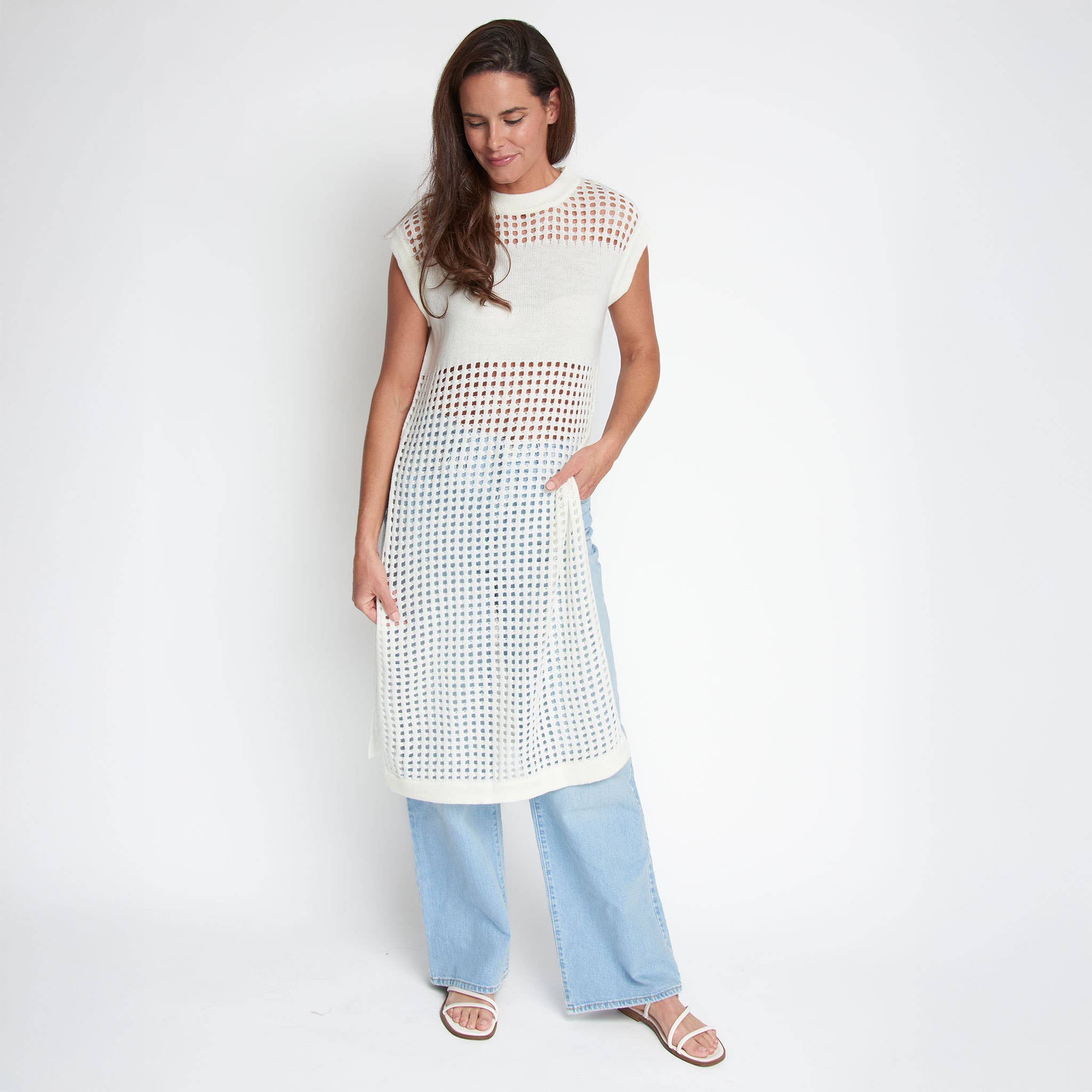 Azalea Sleeveless Longline Crochet Sweater - Snow