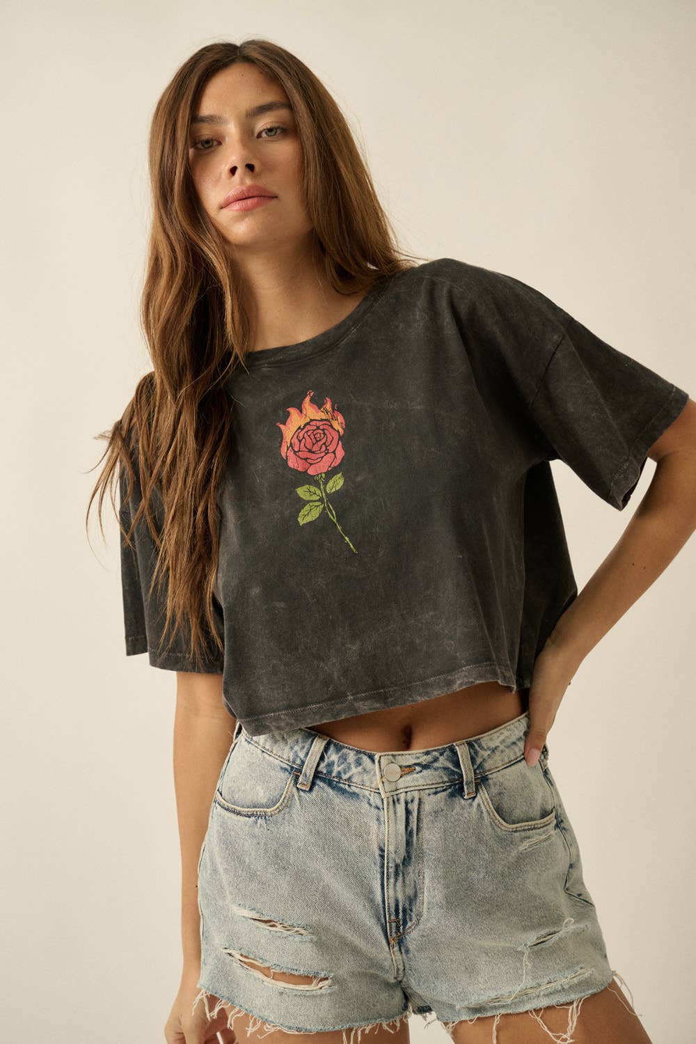 Flaming Rose Mineral-Washed Cropped Graphic Tee
