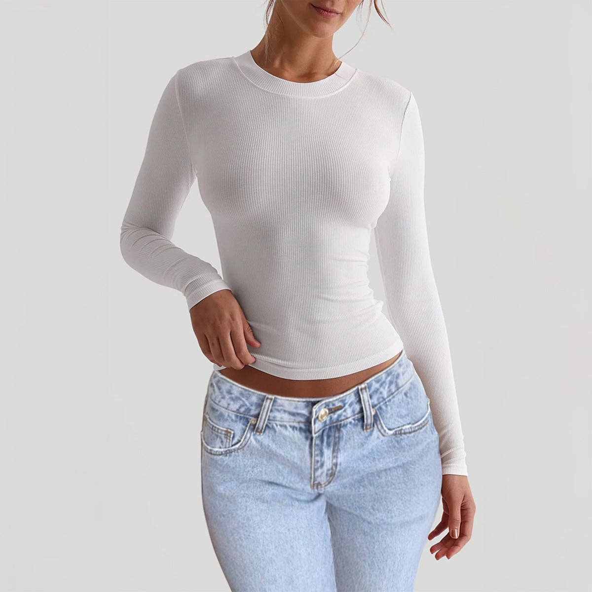 Women Solid Color Long Sleeve Basic Top