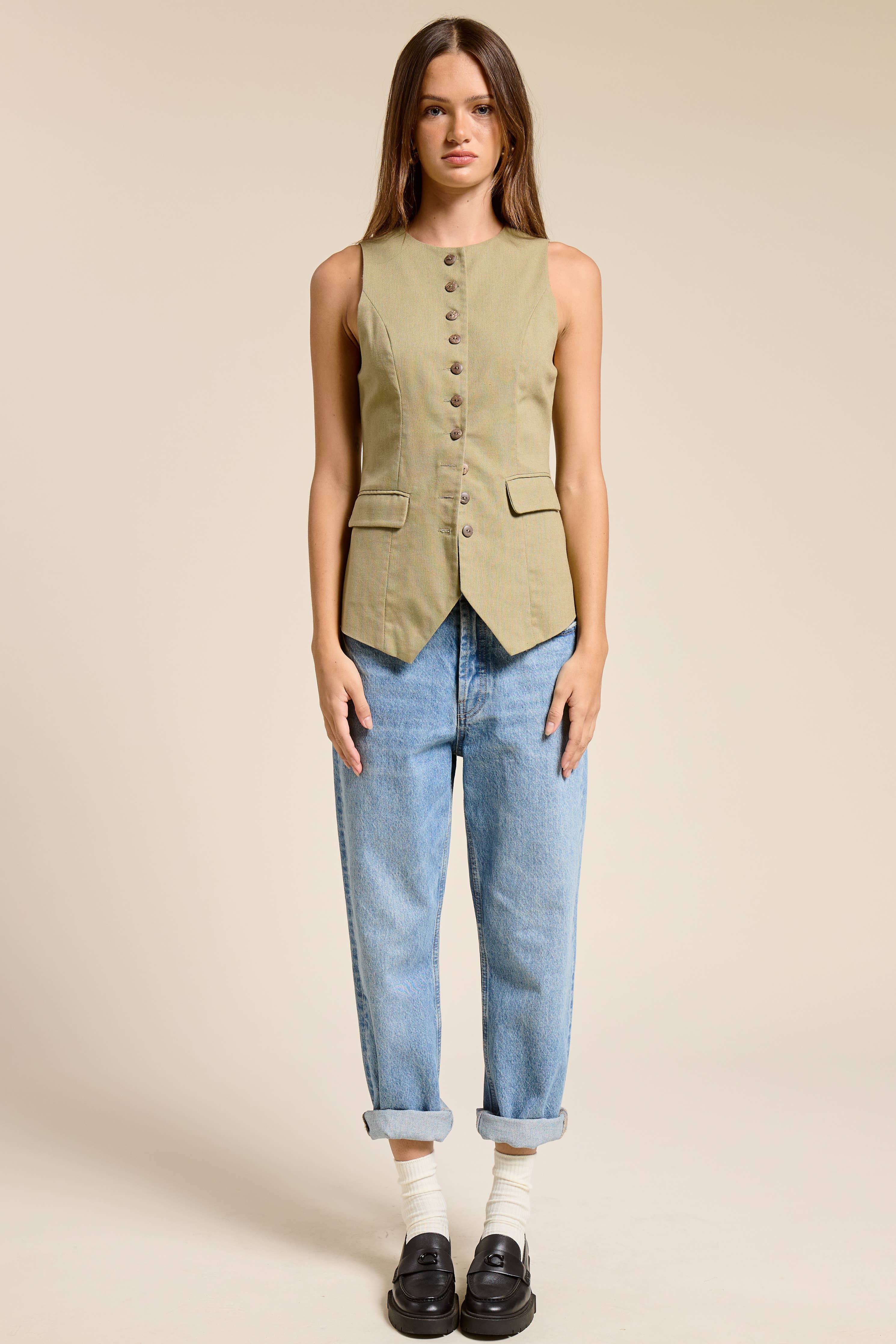 Linen Long-Line Buttoned Vest - Khakii