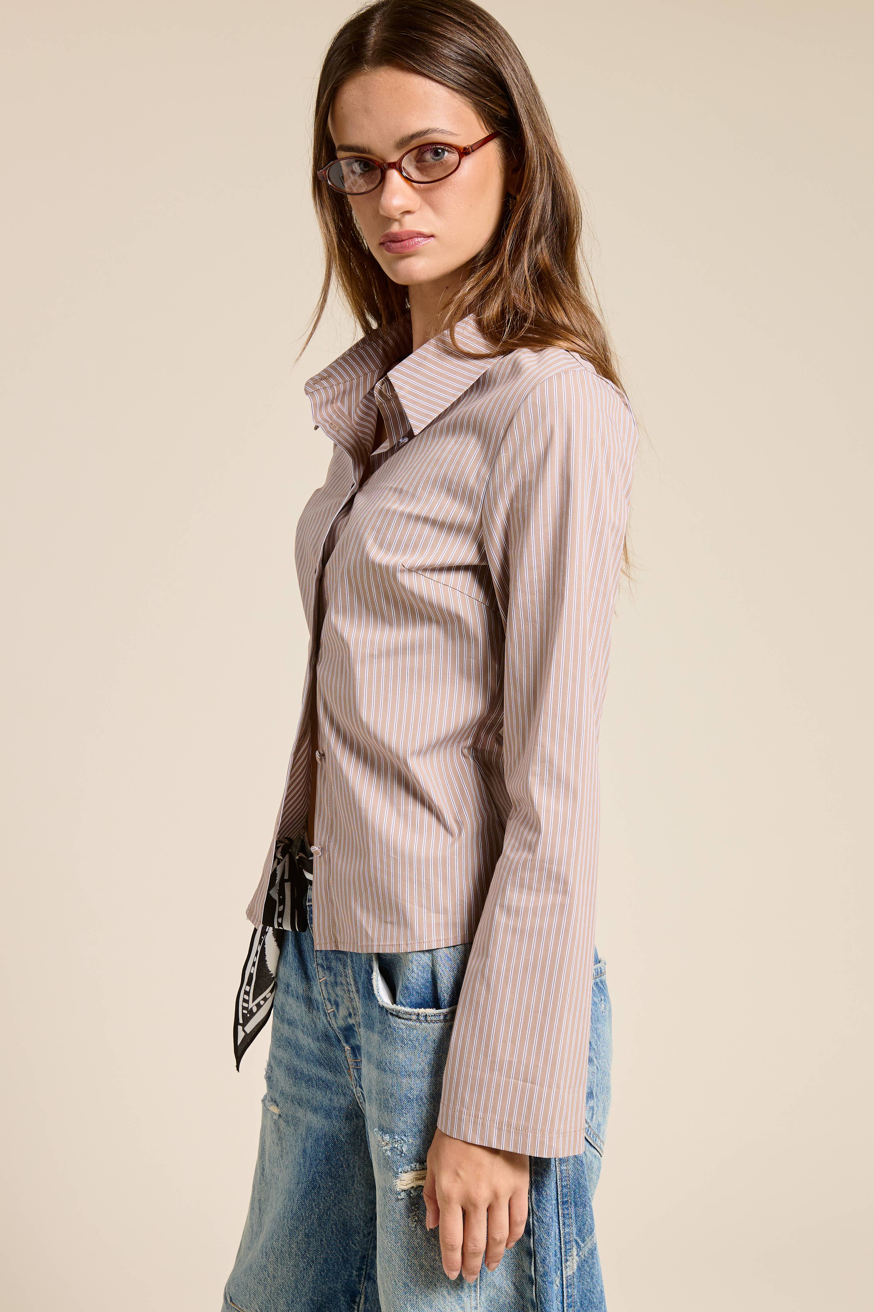 Pinstripe Fitted Button Down Shirt with Flared Sleeves