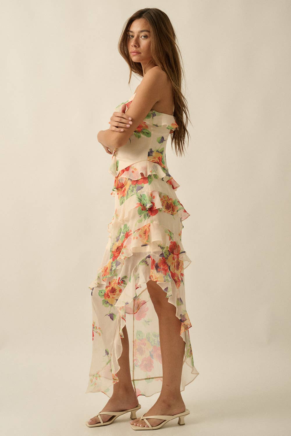 Floral-Print Chiffon Asymmetrical Ruffle Maxi Dress